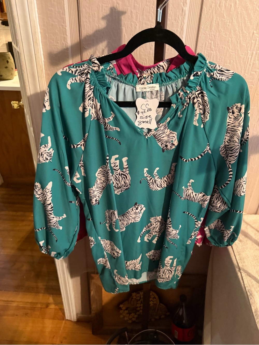 Carole Christian  Teal White Black Tiger Print Peasant Blouse